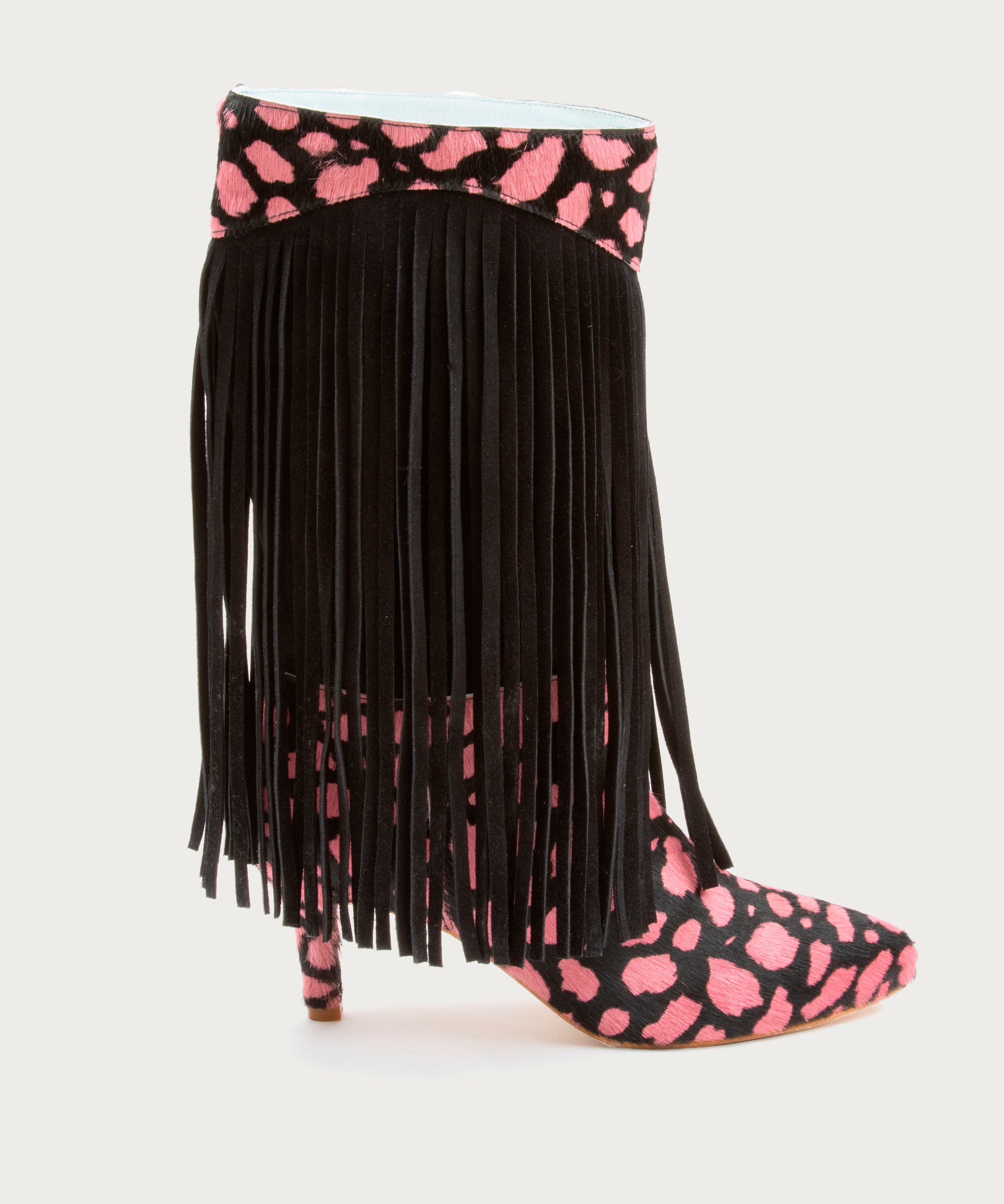 Bota de tacón XVI Fresa de defloresyfloreros con flecos en ante y animal print