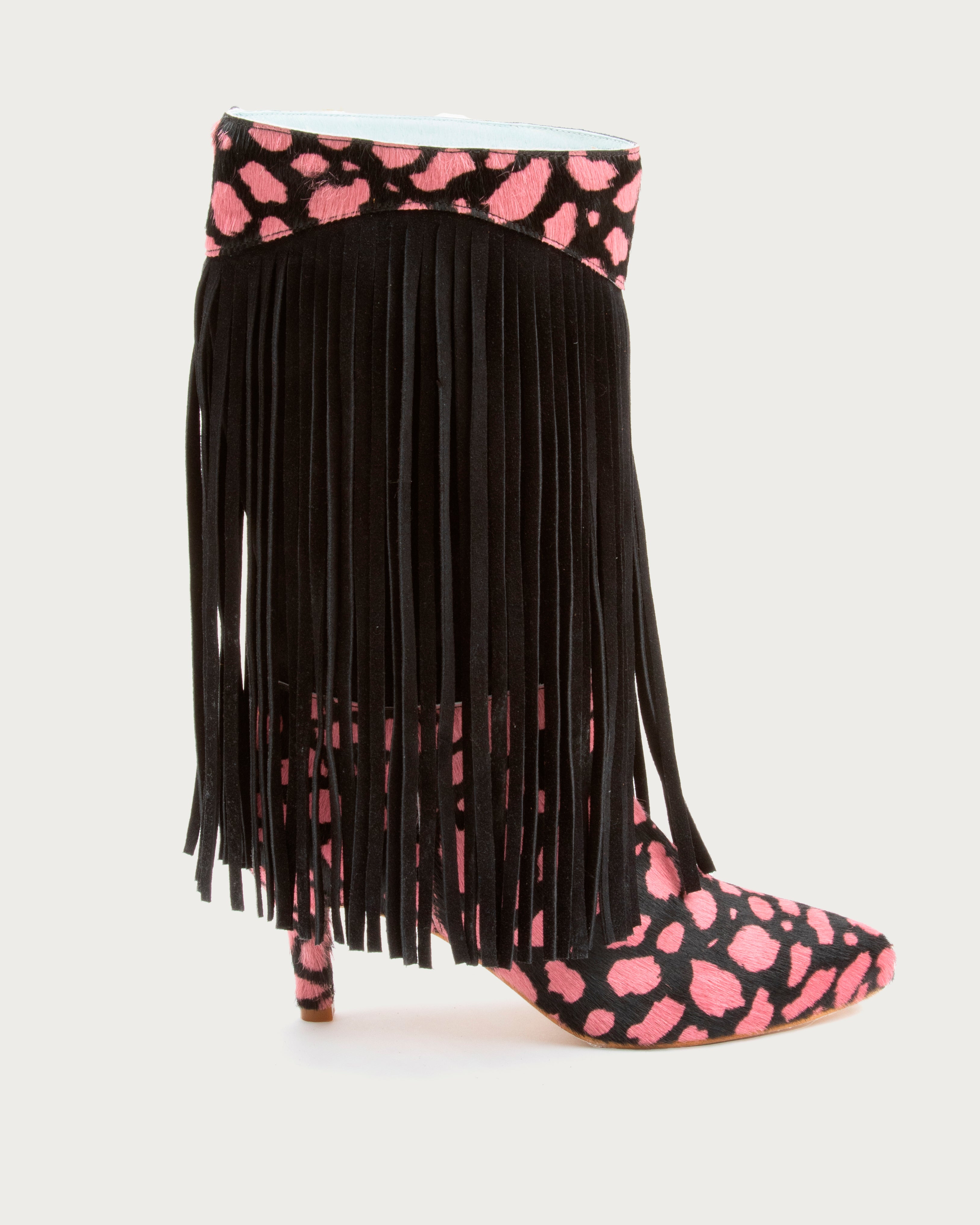 Bota de tacón XVI Fresa de defloresyfloreros con flecos en ante y animal print