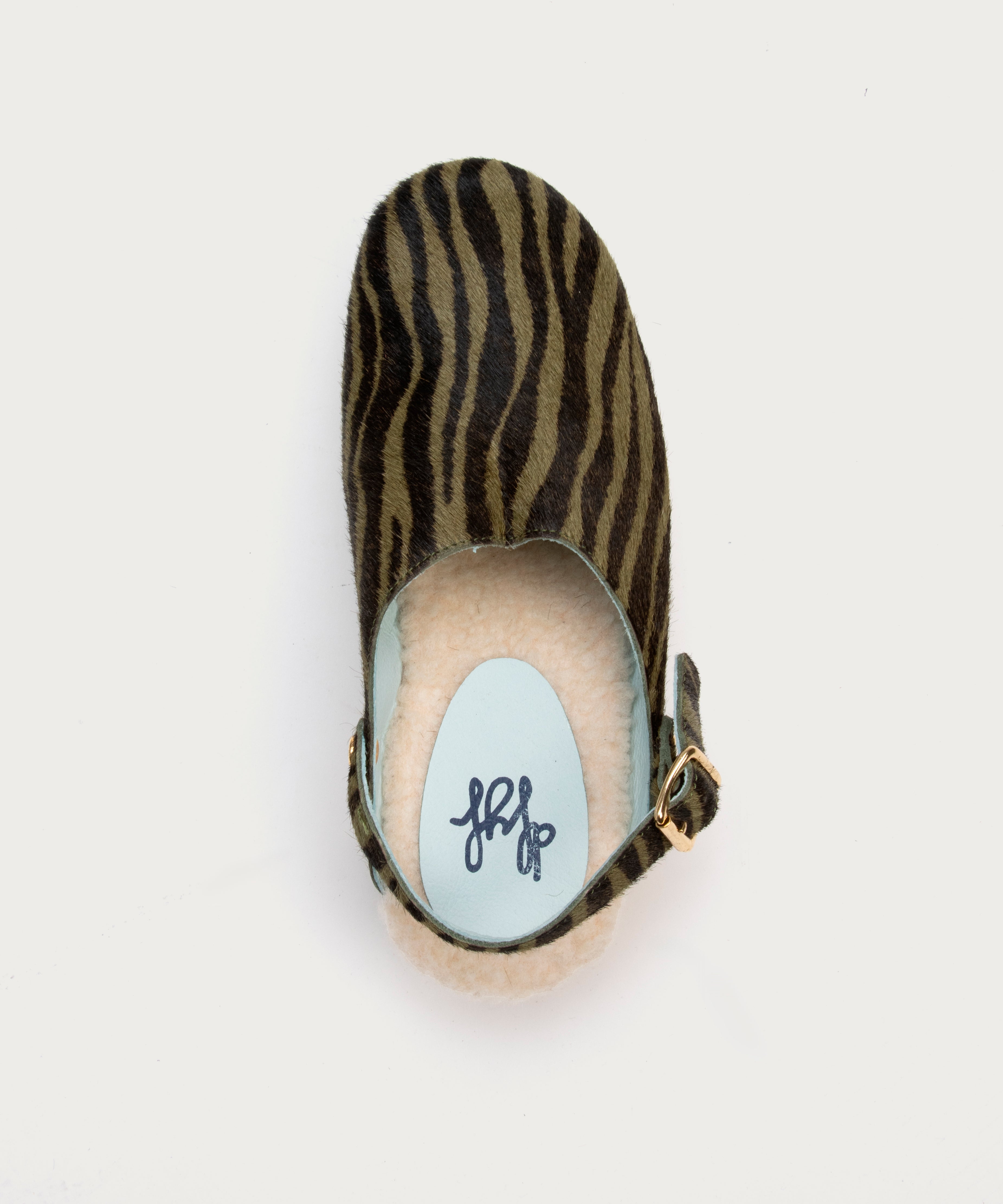 Vista superior del Zueco XXIII Caza con plantilla en lana, animal print y hebilla en el talón